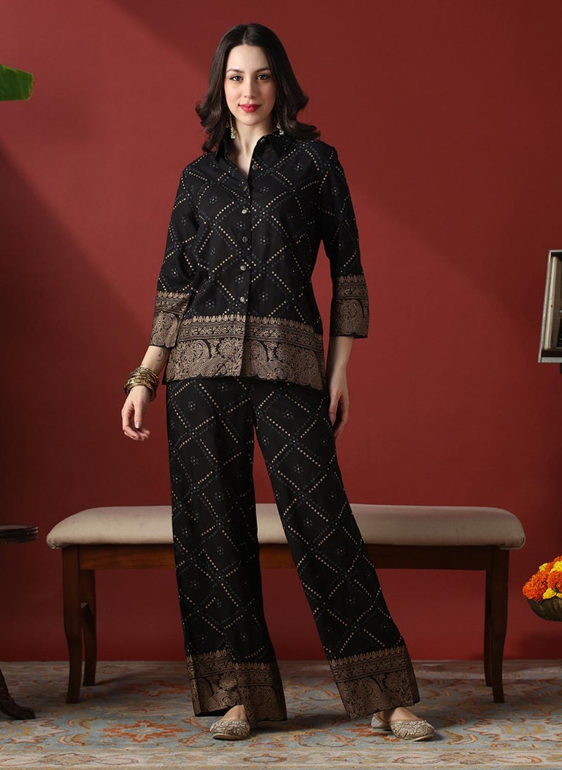 Globus Women Black Collared Neck Gold Foil Bandhani Print Shirt With Palazzos Fusion Co-Ord Set - Image 1